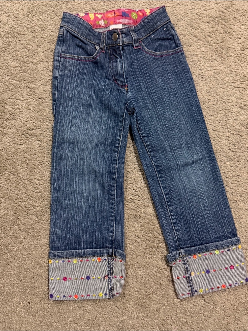 2000s Gymboree Dark Blue Denim Jeans with Multicolor Embroidered Cuffs